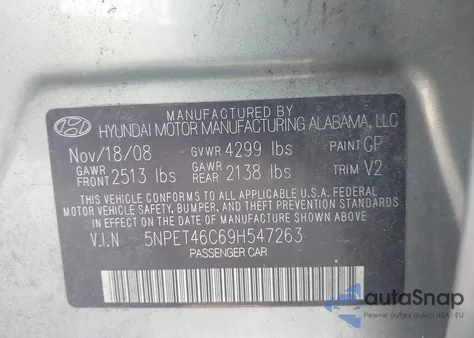 2009 Hyundai Sonata Gls z USA, uszkodzony, nr VIN 5NPET46C69H547263